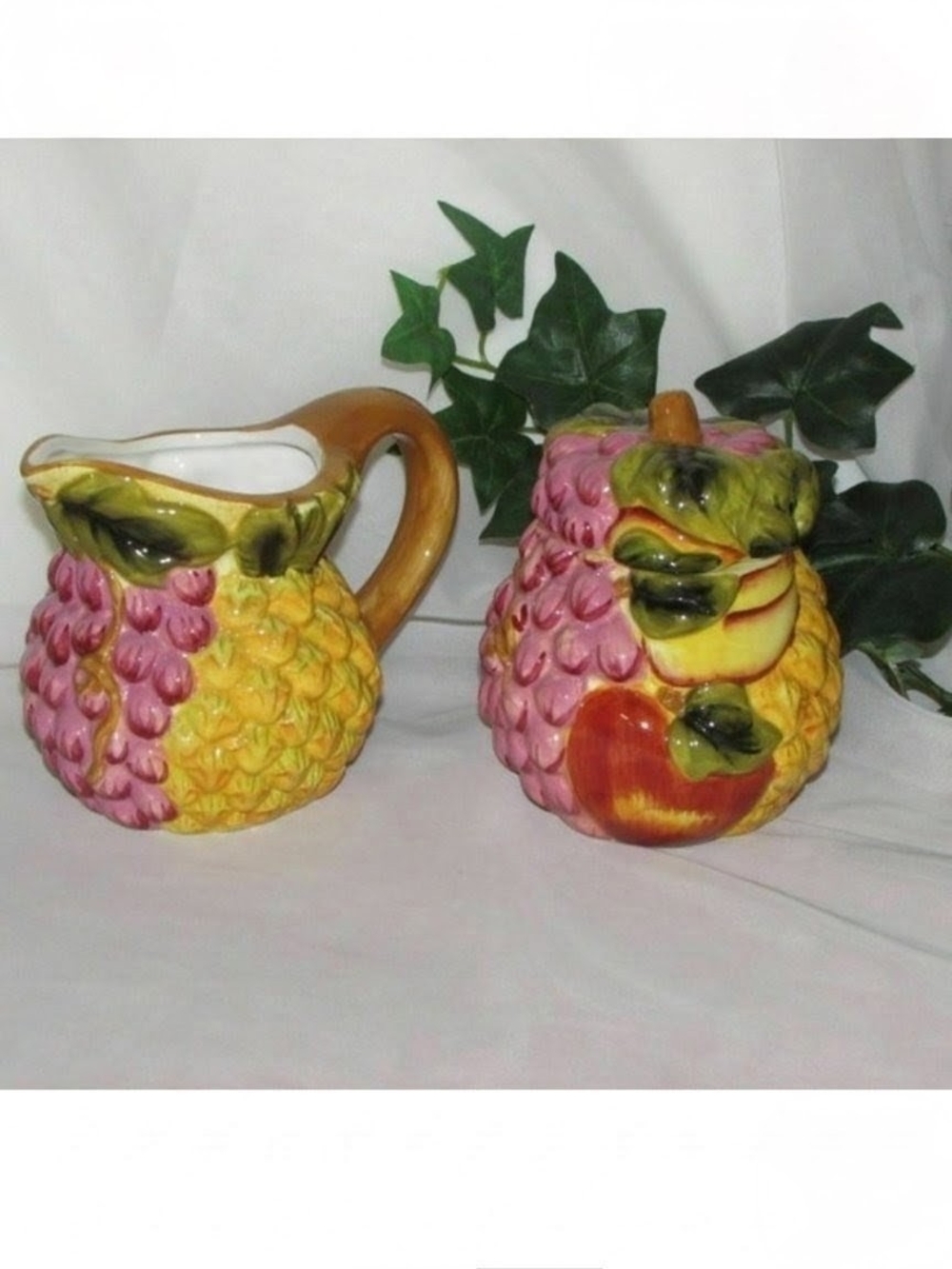 Vintage Creamer & Sugar Bowl Baum Bros. Style Eyes Hand Painted Fruit Majolica